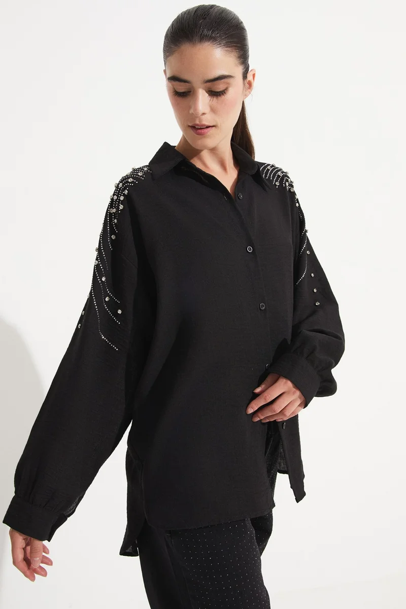 JUNE Women's Woven Shirt with Stone Detail on the Shoulder