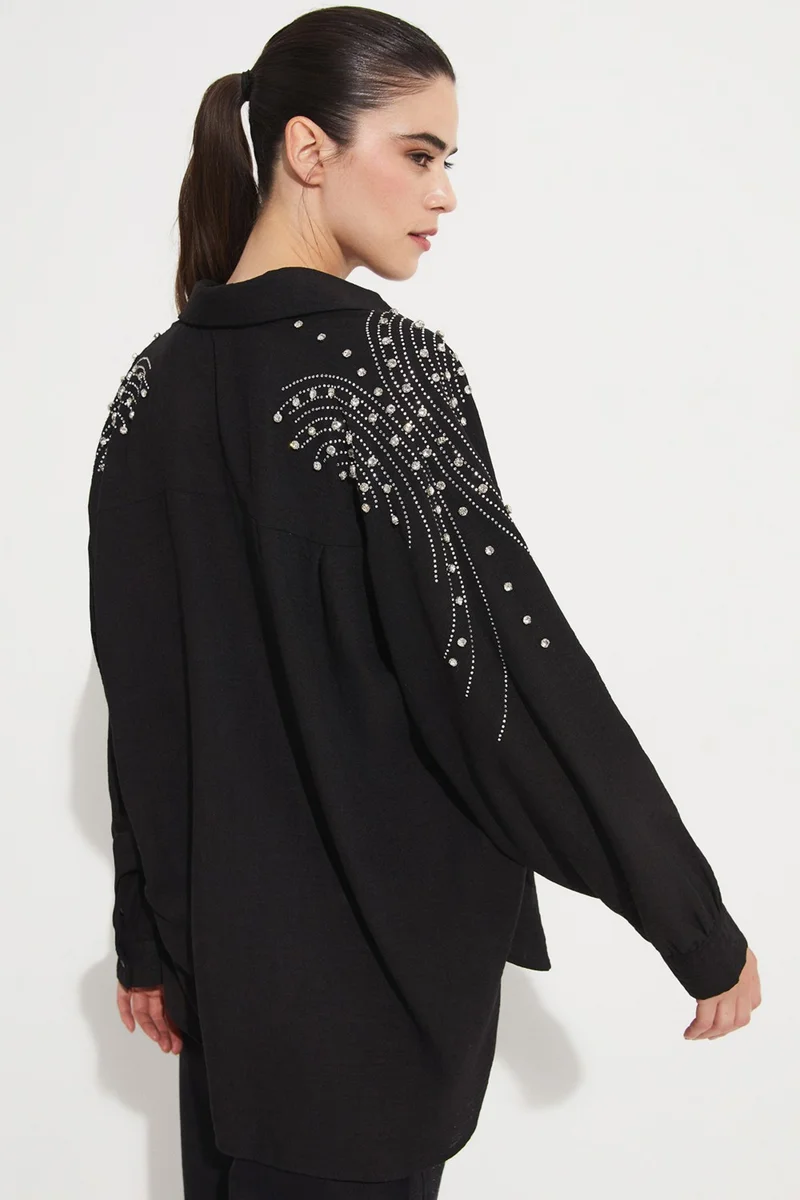 JUNE Women's Woven Shirt with Stone Detail on the Shoulder