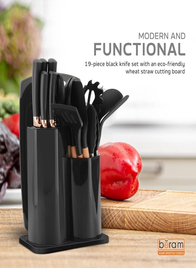 ZEESQUARE 19-Piece Kitchen Utensil & Knife Set – Non-Stick Silicone Cooking Tools with Wooden Handles, Stainless Steel Chef Knives, Cooking Spoon, Spatula, Whisk, Tongs & Holder – Heat Resistant, Durable Cookware Set - Image 3