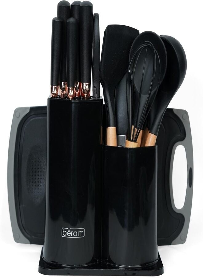 ZEESQUARE 19-Piece Kitchen Utensil & Knife Set – Non-Stick Silicone Cooking Tools with Wooden Handles, Stainless Steel Chef Knives, Cooking Spoon, Spatula, Whisk, Tongs & Holder – Heat Resistant, Durable Cookware Set - Image 4
