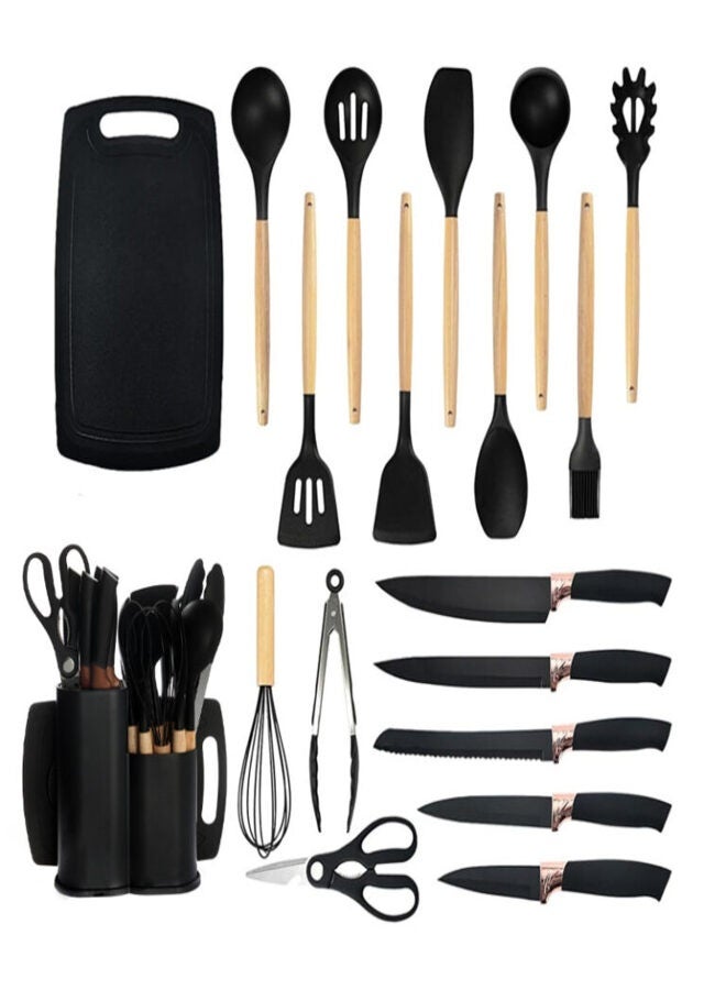 ZEESQUARE 19-Piece Kitchen Utensil & Knife Set – Non-Stick Silicone Cooking Tools with Wooden Handles, Stainless Steel Chef Knives, Cooking Spoon, Spatula, Whisk, Tongs & Holder – Heat Resistant, Durable Cookware Set - Image 5