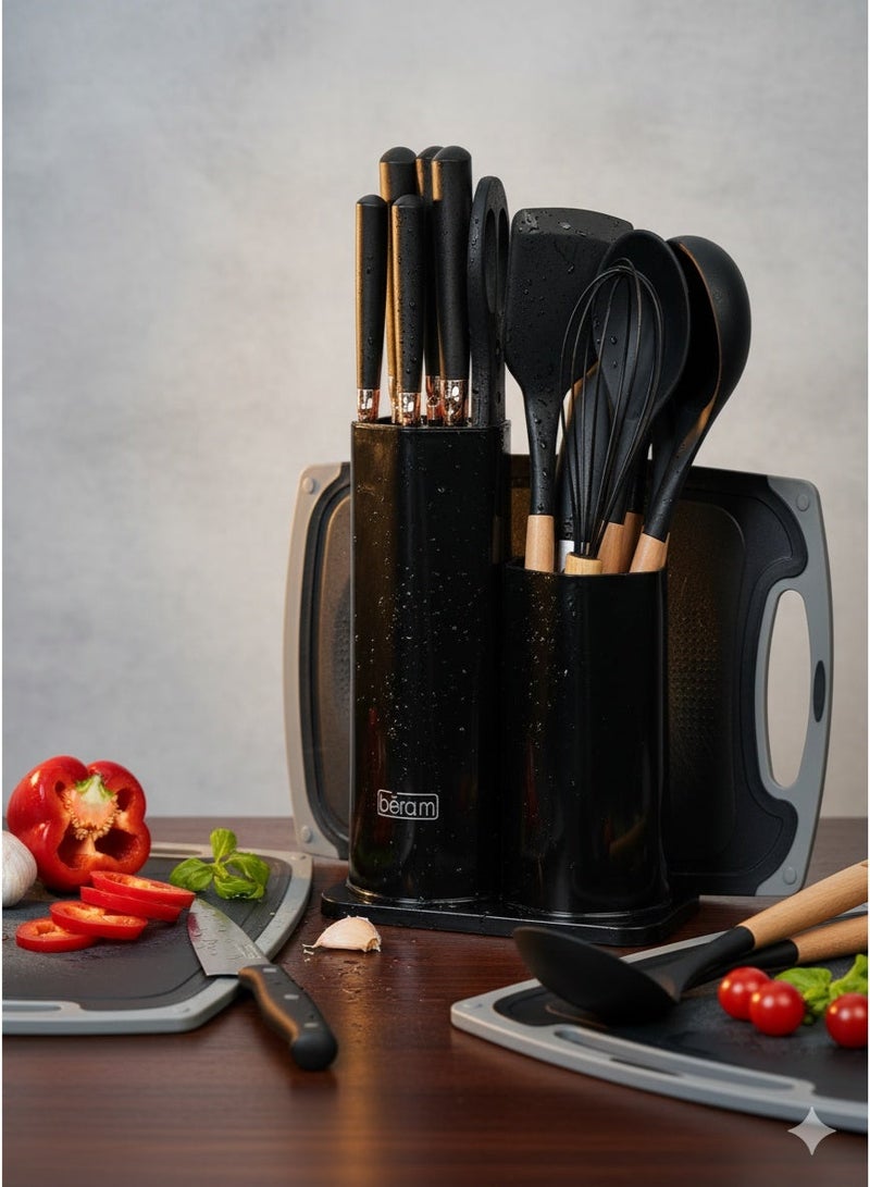 ZEESQUARE 19-Piece Kitchen Utensil & Knife Set – Non-Stick Silicone Cooking Tools with Wooden Handles, Stainless Steel Chef Knives, Cooking Spoon, Spatula, Whisk, Tongs & Holder – Heat Resistant, Durable Cookware Set - Image 2