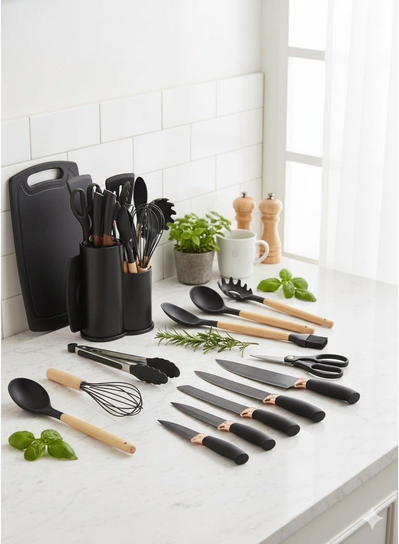 ZEESQUARE 19-Piece Kitchen Utensil & Knife Set – Non-Stick Silicone Cooking Tools with Wooden Handles, Stainless Steel Chef Knives, Cooking Spoon, Spatula, Whisk, Tongs & Holder – Heat Resistant, Durable Cookware Set - Image 1