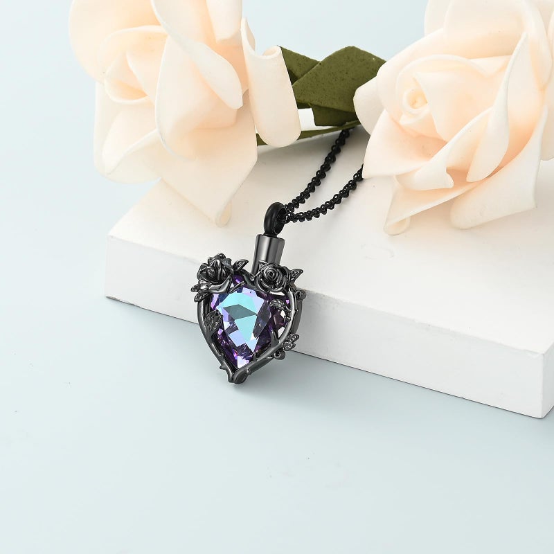 shajwo Cremation Jewelry Rose Flower Heart Urn Necklaces for Ashes for Women Memorial Human Ashes Pendant,Black Purple - Image 3