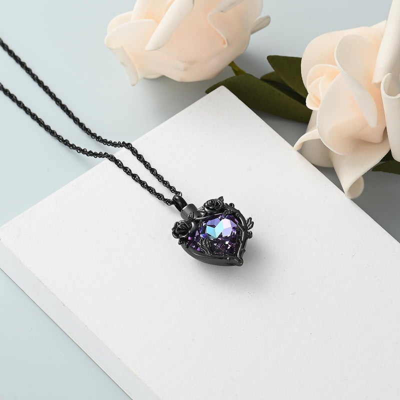shajwo Cremation Jewelry Rose Flower Heart Urn Necklaces for Ashes for Women Memorial Human Ashes Pendant,Black Purple - Image 4