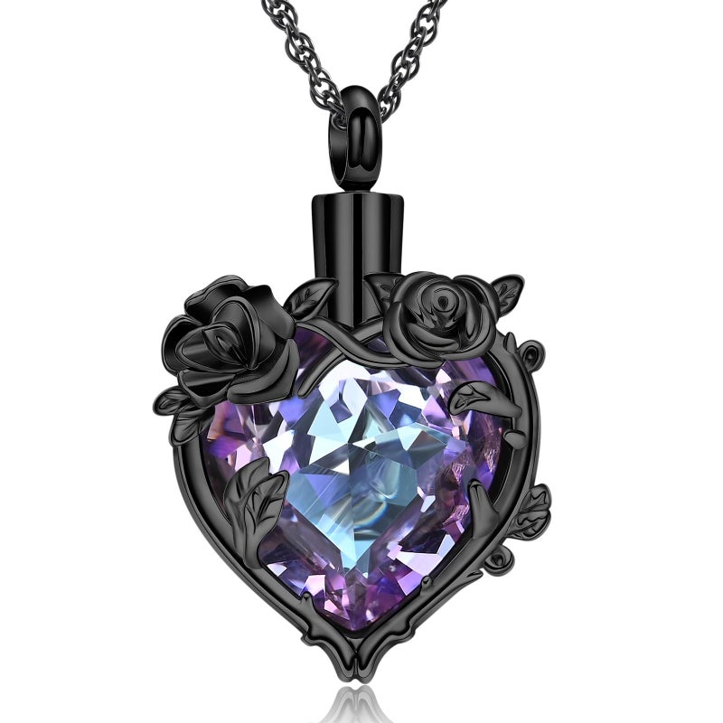 shajwo Cremation Jewelry Rose Flower Heart Urn Necklaces for Ashes for Women Memorial Human Ashes Pendant,Black Purple - Image 1