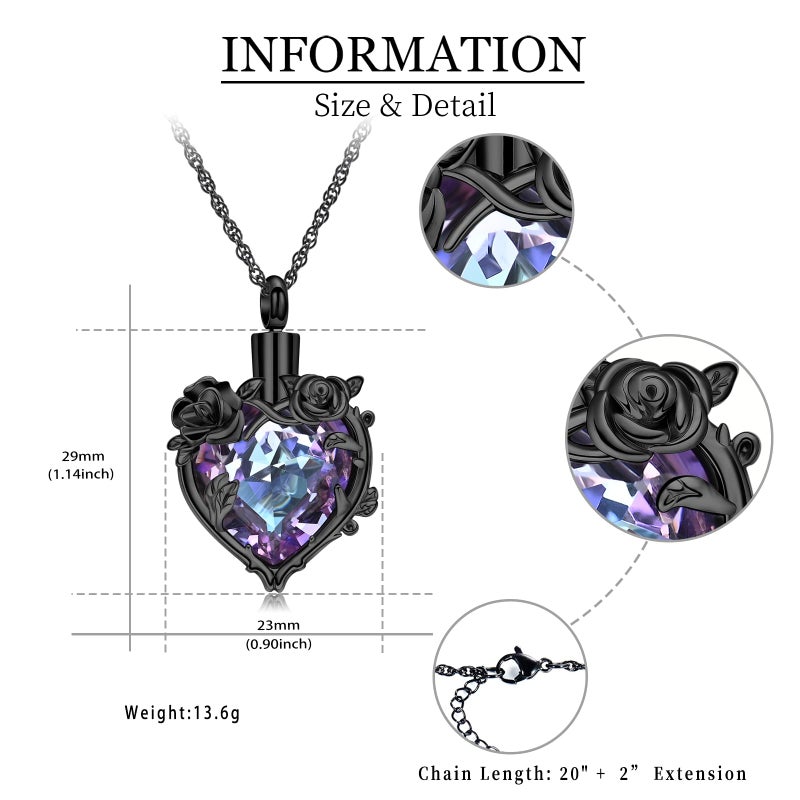 shajwo Cremation Jewelry Rose Flower Heart Urn Necklaces for Ashes for Women Memorial Human Ashes Pendant,Black Purple - Image 2