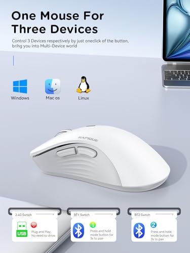 RAPIQUE Wireless Mouse - Dual Bluetooth & 2.4 GHz USB Receiver, Ergonomic Design, Quiet Clicks, Low Power - Multi-Device Compatibility for Laptop, Computer, iPad, MacBook, Chromebook (White and Grey) - Image 2