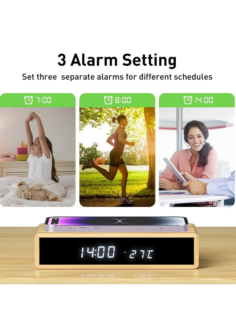Excefore - Digital Alarm Clock with Wireless Charging, 3 Alarms LED Display, Sound Control and Snooze Dual, Dimmable LED Display, USB C Mains Powered Clock for Bedroom, Bedside, Office (Black) - Image 1