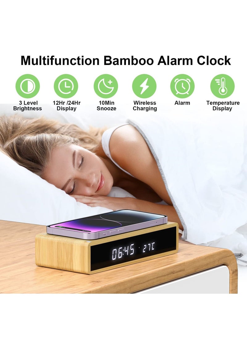Excefore - Digital Alarm Clock with Wireless Charging, 3 Alarms LED Display, Sound Control and Snooze Dual, Dimmable LED Display, USB C Mains Powered Clock for Bedroom, Bedside, Office (Black) - Image 1