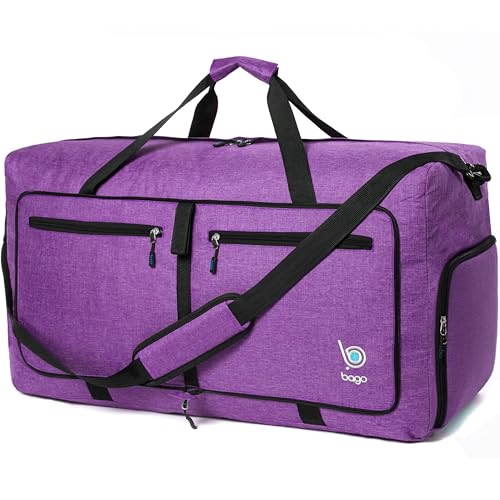 Bago Large Foldable Duffel Bags for Traveling Women & Men - 80L Packable Duffle Bag for Travel with Shoe Compartment - Water Repellant, Heavy Duty, Lightweight Folding & Collapsible (SnowDepPurple) - Image 1