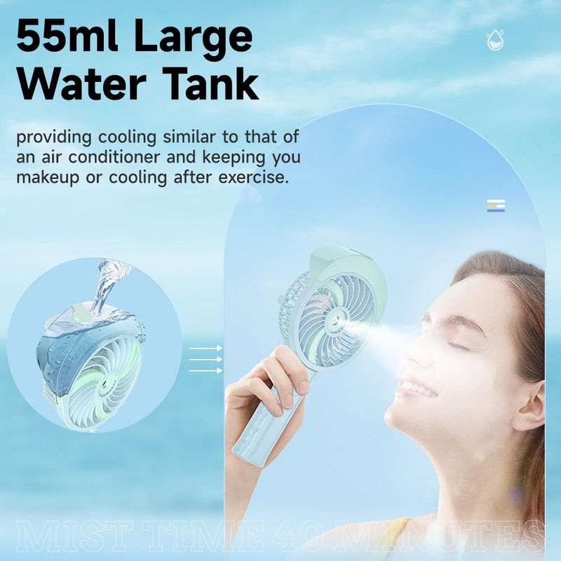 HandFan Handheld Fan Misting Hand Held Fan Rechargeable Battery Operated Portable 3 Speeds & 55ml Spray &180°Foldable With Metal Clip USB Personal Water Fan For Travel Camping Outdoor Women - Image 2