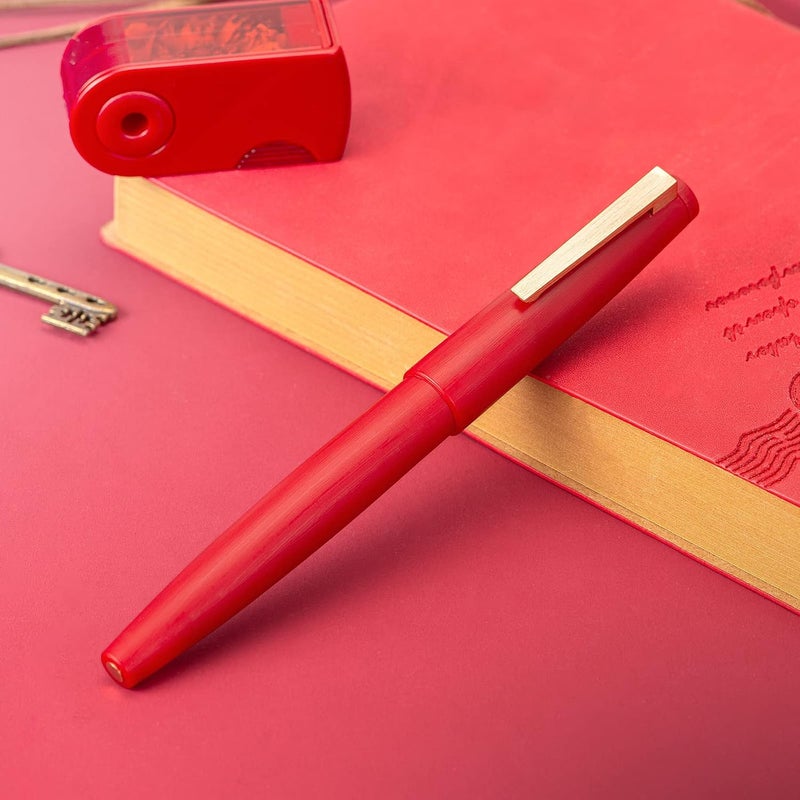 Wikult Jinhao 80 Red Fiber Brushed Fountain Pen, Iridium Ultra Fine Gold Nib with Ink Converter, Classic Design Smooth Writing Pen (Gold Clip) - Image 2