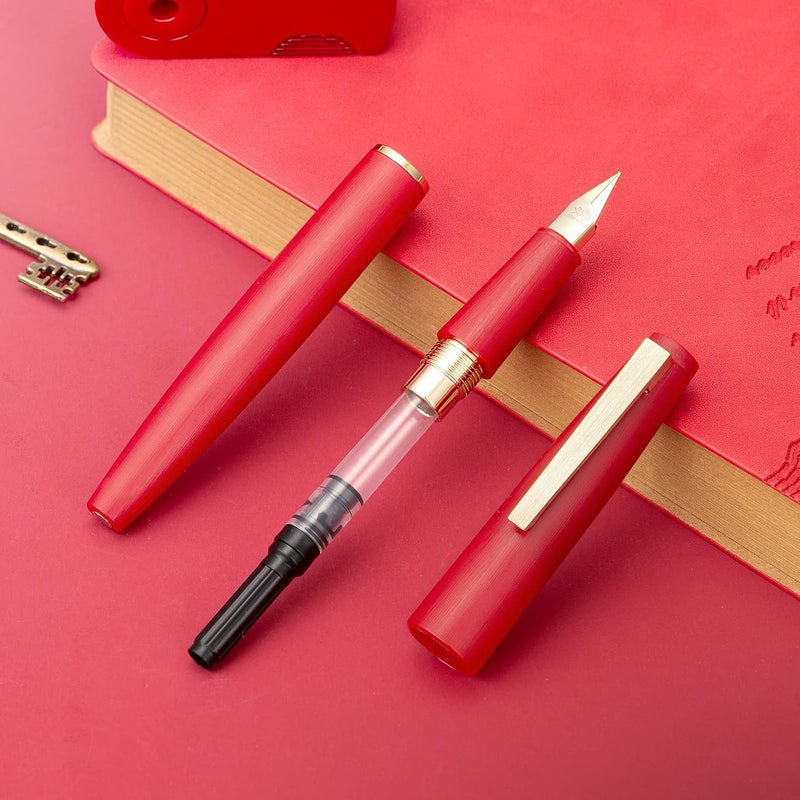 Wikult Jinhao 80 Red Fiber Brushed Fountain Pen, Iridium Ultra Fine Gold Nib with Ink Converter, Classic Design Smooth Writing Pen (Gold Clip) - Image 4
