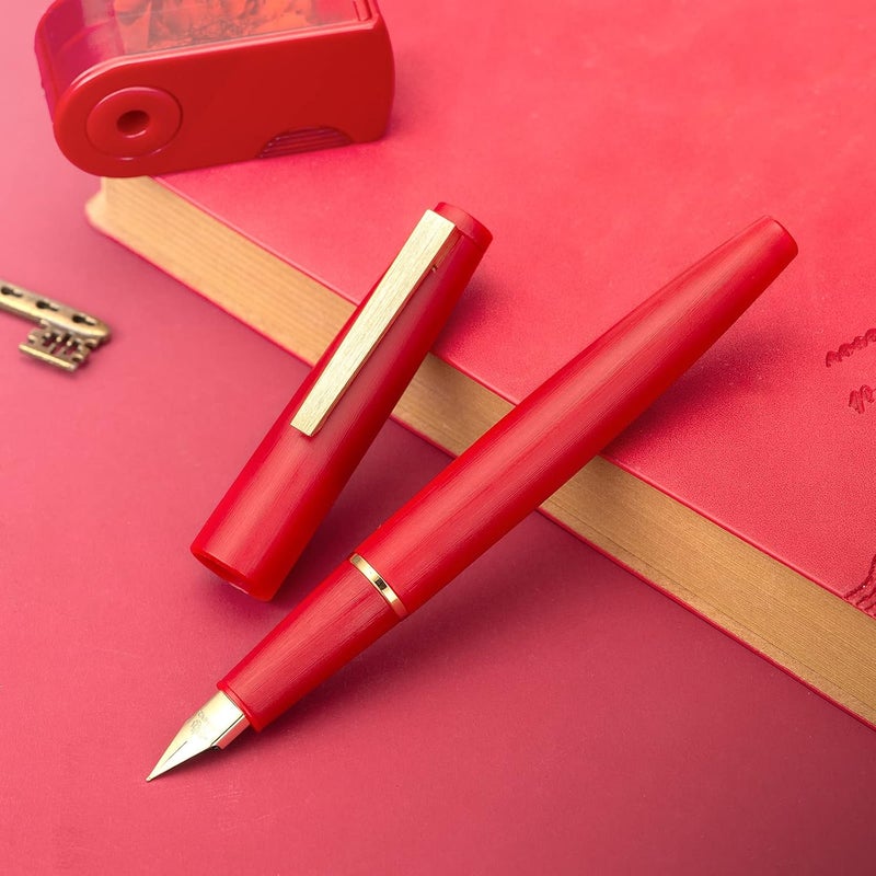 Wikult Jinhao 80 Red Fiber Brushed Fountain Pen, Iridium Ultra Fine Gold Nib with Ink Converter, Classic Design Smooth Writing Pen (Gold Clip) - Image 3