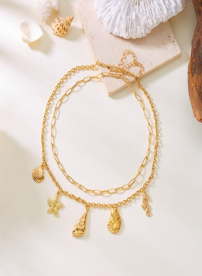 RINHOO Charm Necklace for Women 14K Gold Plated Shell Starfish Bow Pendant Necklace Summer Beach Paperclip Chain Jewelry Gifts (Style 4) - Image 2
