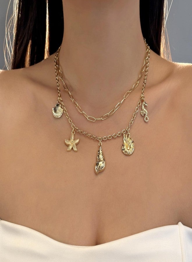 RINHOO Charm Necklace for Women 14K Gold Plated Shell Starfish Bow Pendant Necklace Summer Beach Paperclip Chain Jewelry Gifts (Style 4) - Image 5