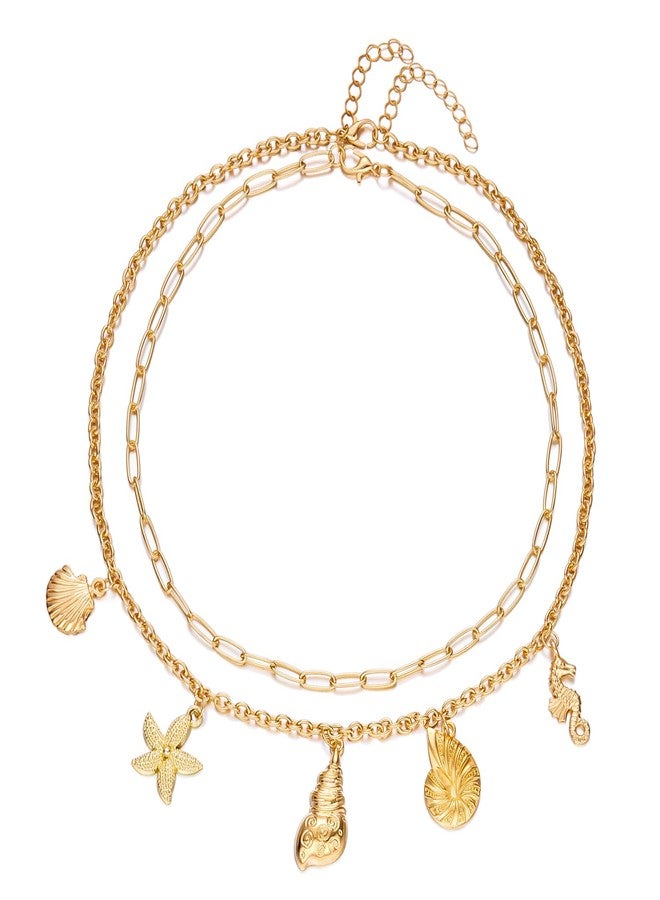 RINHOO Charm Necklace for Women 14K Gold Plated Shell Starfish Bow Pendant Necklace Summer Beach Paperclip Chain Jewelry Gifts (Style 4) - Image 1
