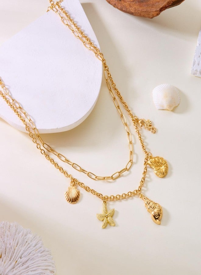RINHOO Charm Necklace for Women 14K Gold Plated Shell Starfish Bow Pendant Necklace Summer Beach Paperclip Chain Jewelry Gifts (Style 4) - Image 3