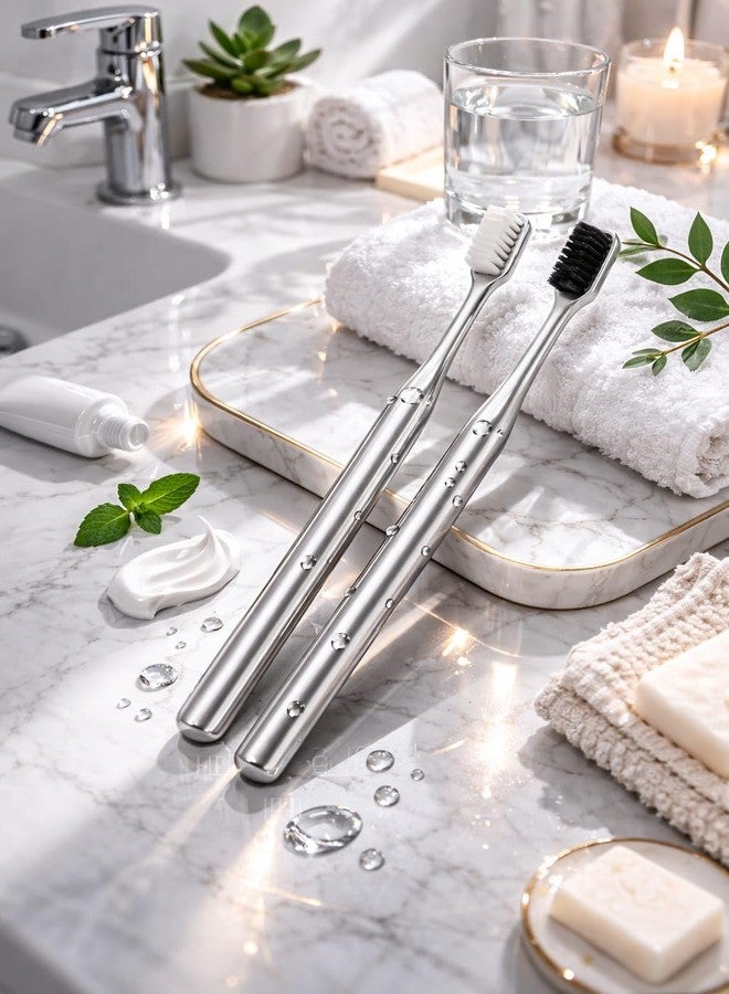 Pickliin Luxury Toothbrush | Premium Metal Coated Handle Manual Toothbrush | Soft Bristles | PACK OF 2 MIX COLOR Silver Black and Silver White ToothBrush Elegant Reusable Tooth Brush for Adults Home & Travel - Image 5
