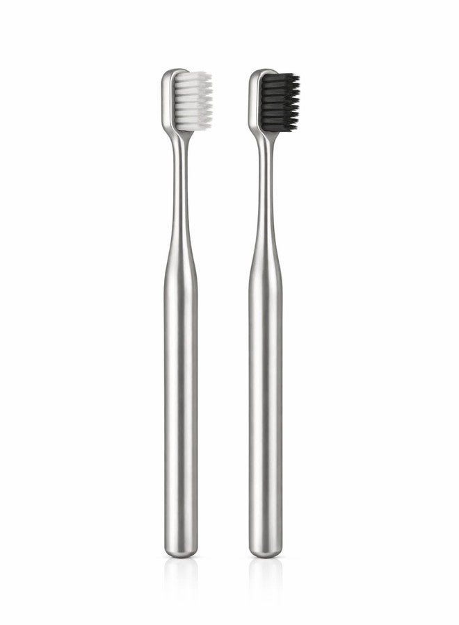 Pickliin Luxury Toothbrush | Premium Metal Coated Handle Manual Toothbrush | Soft Bristles | PACK OF 2 MIX COLOR Silver Black and Silver White ToothBrush Elegant Reusable Tooth Brush for Adults Home & Travel - Image 1