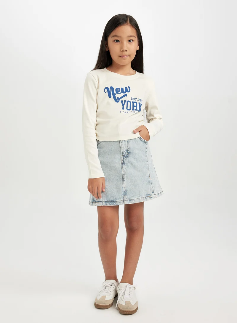DeFacto Cropped Crew Neck Printed Ribbed Long Sleeve T-Shirt
