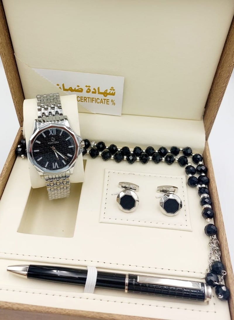 مونتيرا طقم رجالي مكون من ٤ قطع ساعة وقلم وكبك وسبحه