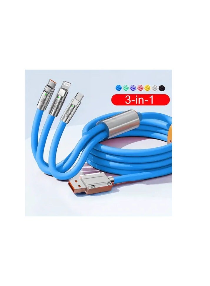 Triple Charging Cable (iPhone - Galaxy - Type C) Fast Multi Charging Cable 1 Meter 3 in 1 Wire Compatible with All Mobile Phones (Blue Color)  - Image 1