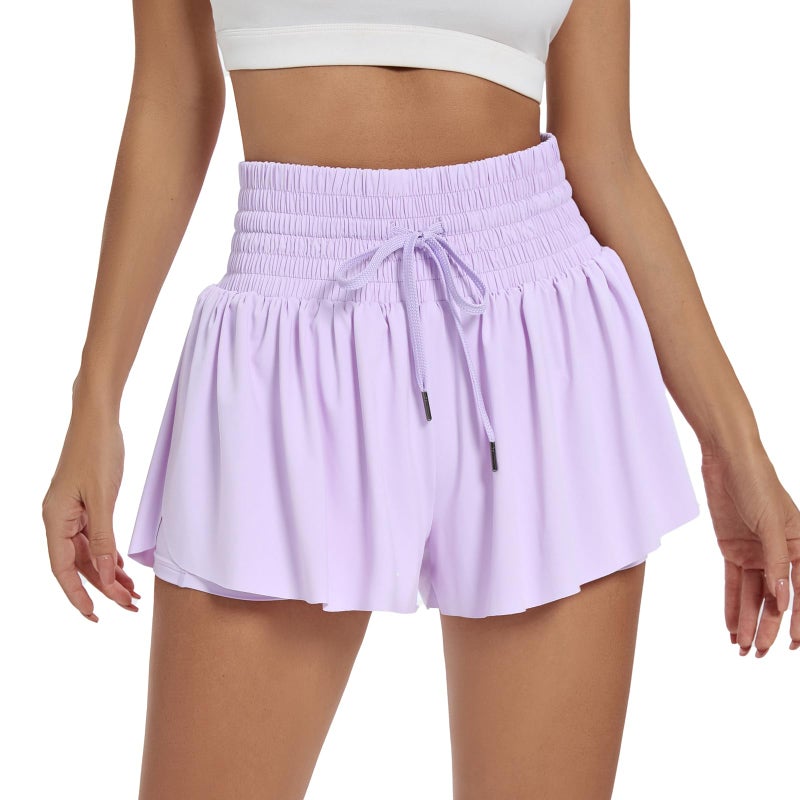 Blaosn Flowy Athletic Shorts for Women Workout Running Gym Yoga Sport Active High Waisted with Pockets Spandex Sweat Skort Pants Butterfly Tennis Skirt Cute Comfy Trendy Clothes Casual Summer Lavender S - Image 1