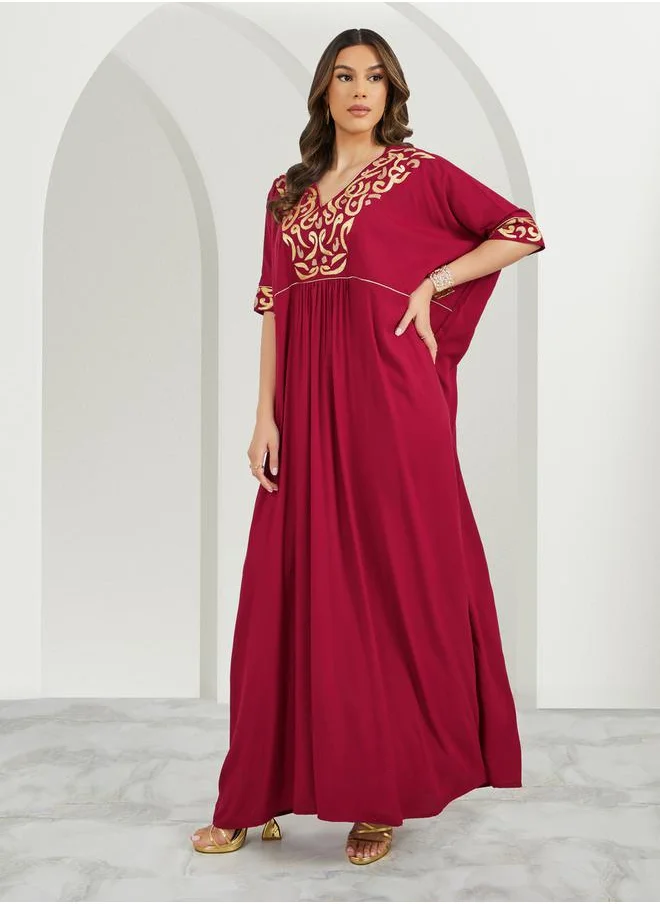 Maxim Creation Embroidered V Neck Jalabiya with Batwing Sleeves by Styli