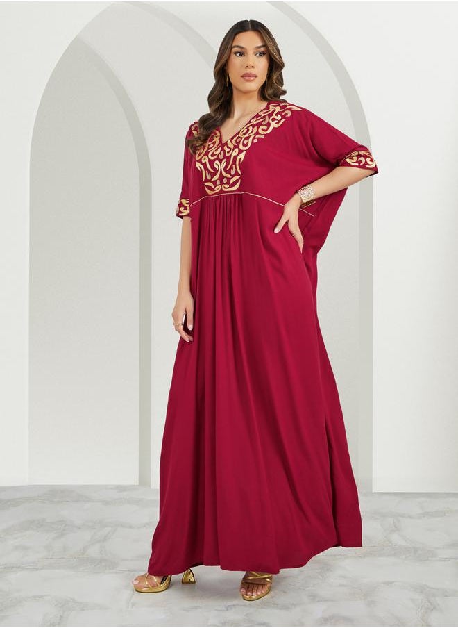 Maxim Creation Embroidered V Neck Jalabiya with Batwing Sleeves by Styli  - Image 1
