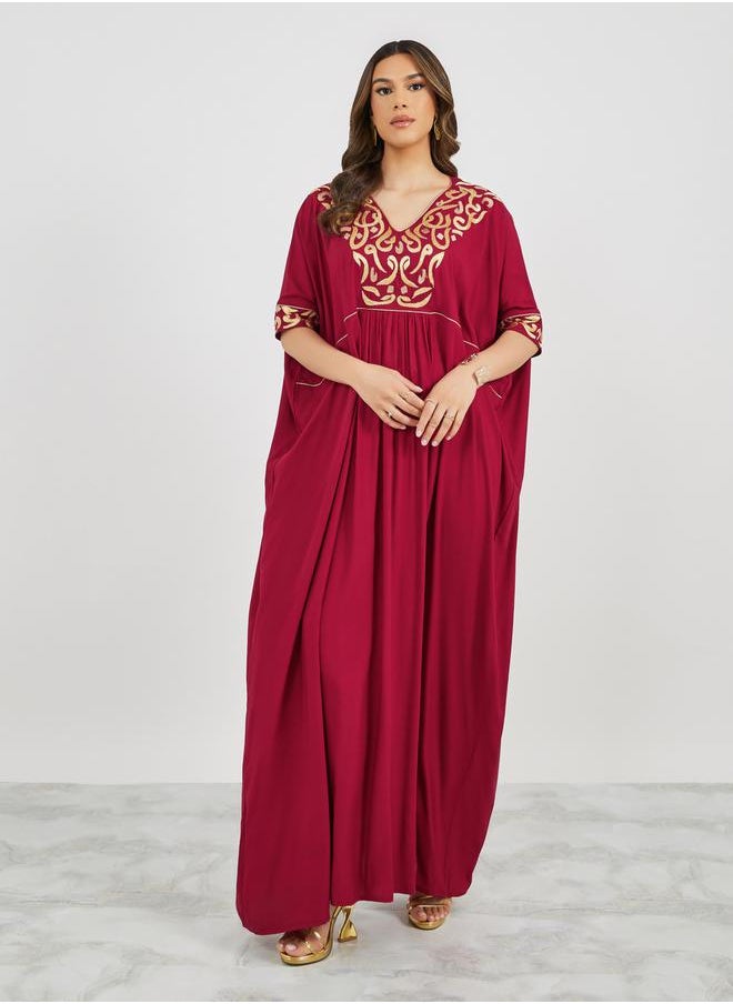 Maxim Creation Embroidered V Neck Jalabiya with Batwing Sleeves by Styli  - Image 3