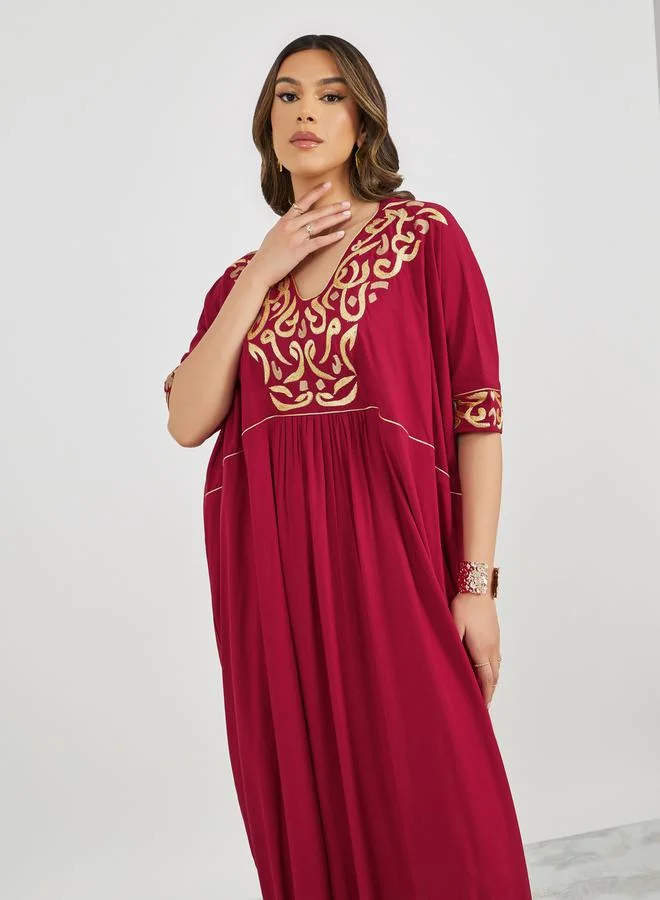 Maxim Creation Embroidered V Neck Jalabiya with Batwing Sleeves by Styli