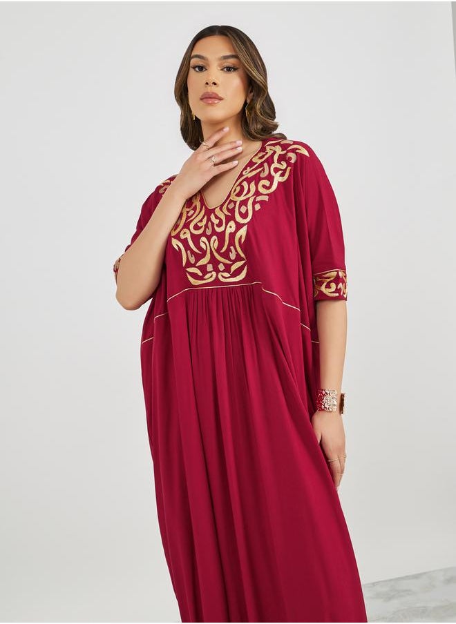 Maxim Creation Embroidered V Neck Jalabiya with Batwing Sleeves by Styli  - Image 5
