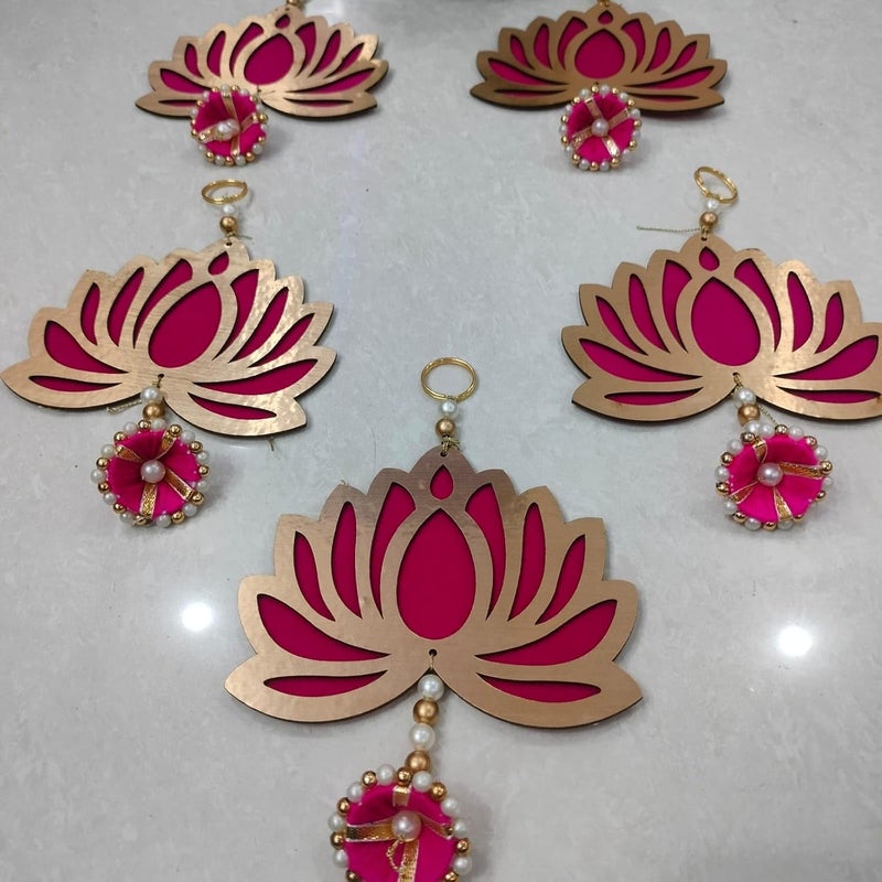 Generic Meka Creations Lotus Red Wall Decor Hanging Set of 5 Diwali Decoration Gift Home Temple Pooja Festival Wedding Marriage Stage Decoration  - Image 3