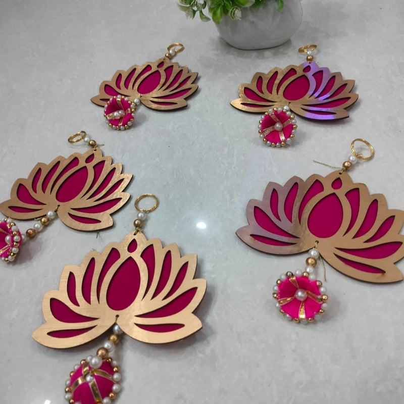 Generic Meka Creations Lotus Red Wall Decor Hanging Set of 5 Diwali Decoration Gift Home Temple Pooja Festival Wedding Marriage Stage Decoration  - Image 2