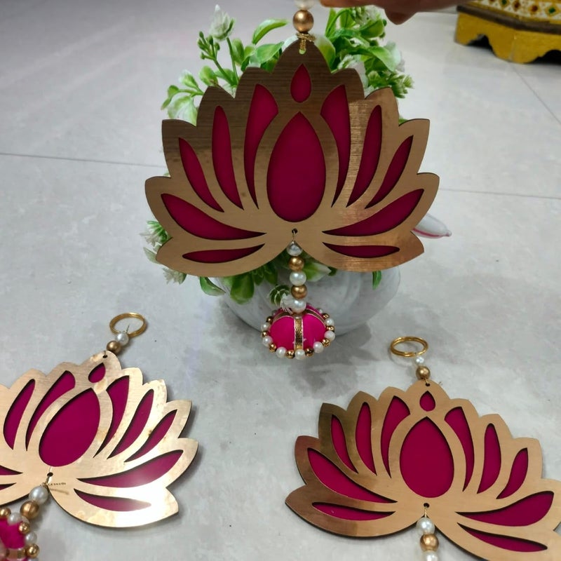 Generic Meka Creations Lotus Red Wall Decor Hanging Set of 5 Diwali Decoration Gift Home Temple Pooja Festival Wedding Marriage Stage Decoration  - Image 4