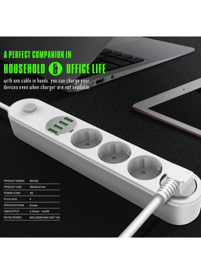 لدنيو مقبس طاقة Ldnio SE4432 EU، موزع طاقة متقدم لإدارة طاقة المنزل بكفاءة، 4 مقابس EU، 4 منافذ USB، 2500 واط، 2 متر، أبيض - Image 4