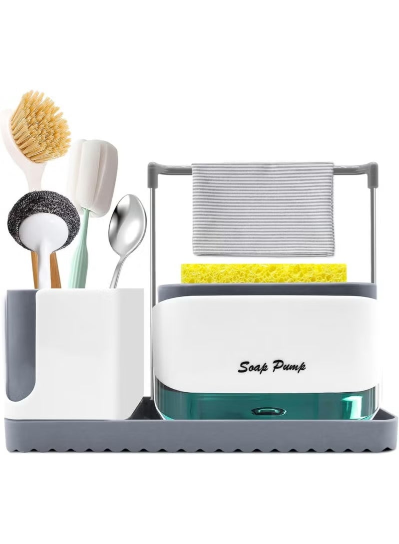 كيتشينو طقم منظم حوض المطبخ، موزع سائل غسيل الأطباق مع صينية وحامل إسفنجة، منظف، قابل لإعادة التعبئة، مناسب لحوض المطبخ (أبيض) - Image 3