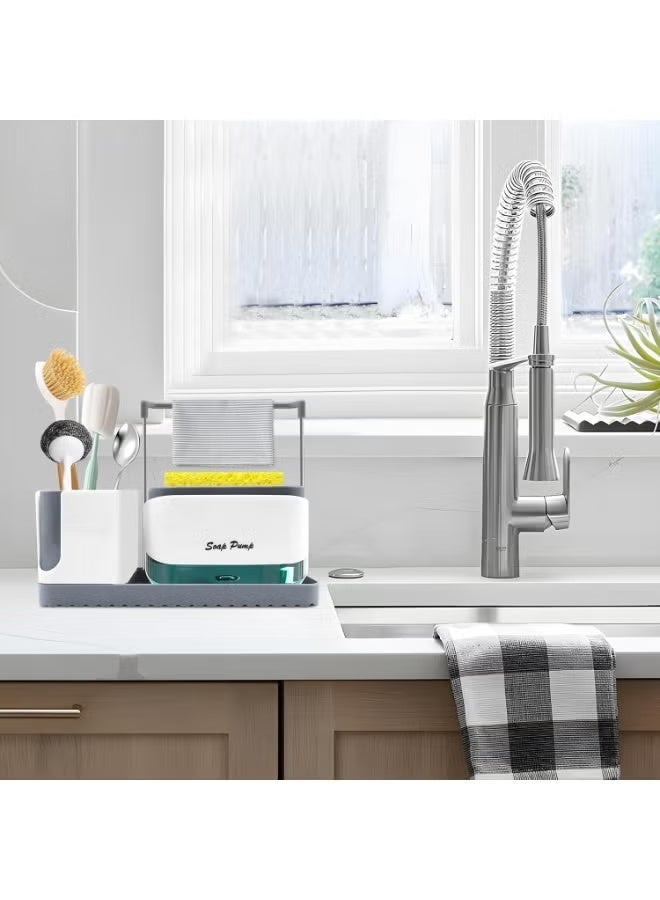 كيتشينو طقم منظم حوض المطبخ، موزع سائل غسيل الأطباق مع صينية وحامل إسفنجة، منظف، قابل لإعادة التعبئة، مناسب لحوض المطبخ (أبيض) - Image 1