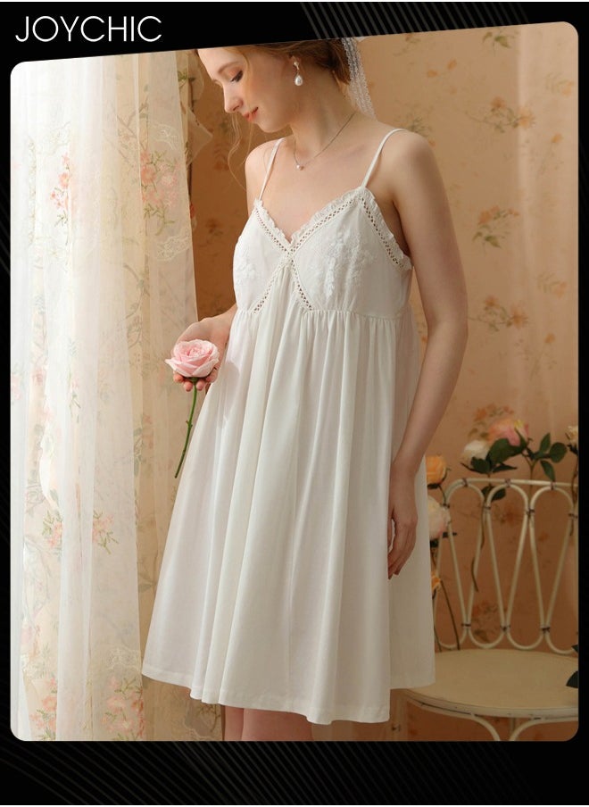 Joychic - Palace Princess Sweet Style Women's Cotton Nightgown Comfty Suspender Loose Lace Sleepwear Mid Length for Spring Summer Autumn White - Image 1