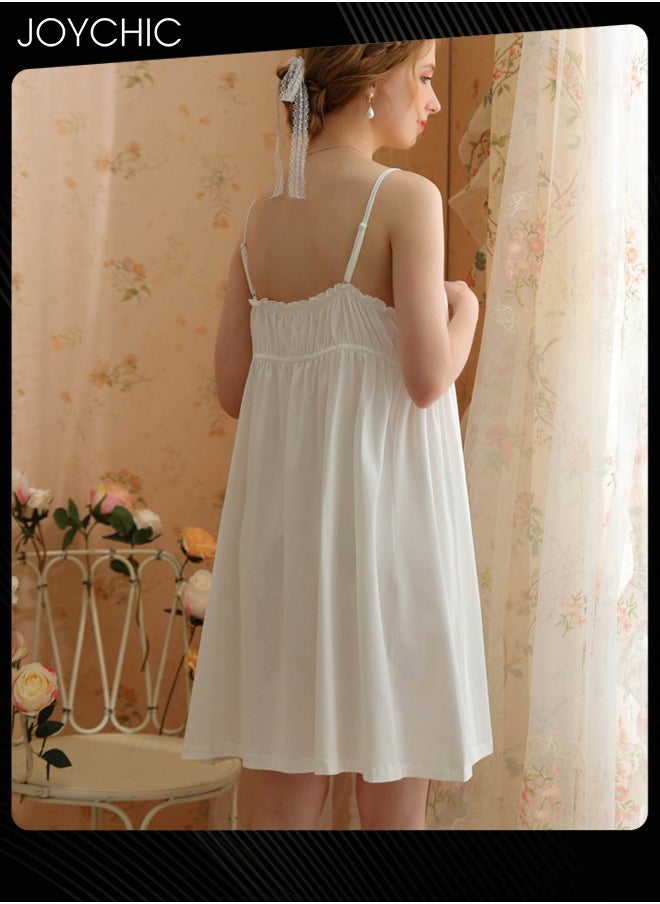 Joychic - Palace Princess Sweet Style Women's Cotton Nightgown Comfty Suspender Loose Lace Sleepwear Mid Length for Spring Summer Autumn White - Image 1