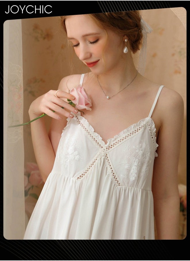 Joychic - Palace Princess Sweet Style Women's Cotton Nightgown Comfty Suspender Loose Lace Sleepwear Mid Length for Spring Summer Autumn White - Image 1