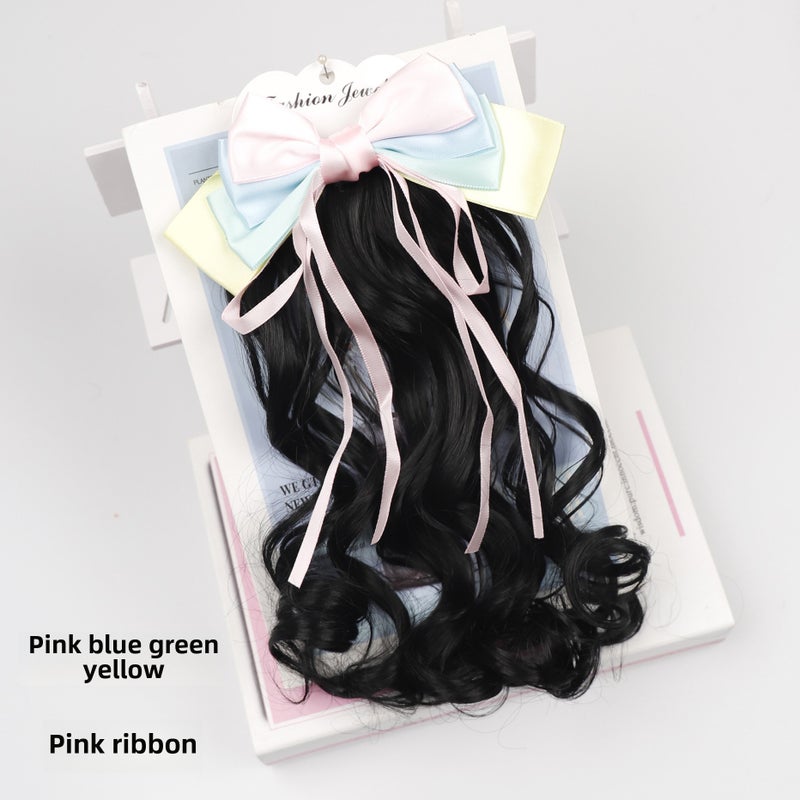 Generic Cute Girls Curly Ponytail Wig with Bow, Multiple Colors Pink blue, green yellow + vermicelli belt 