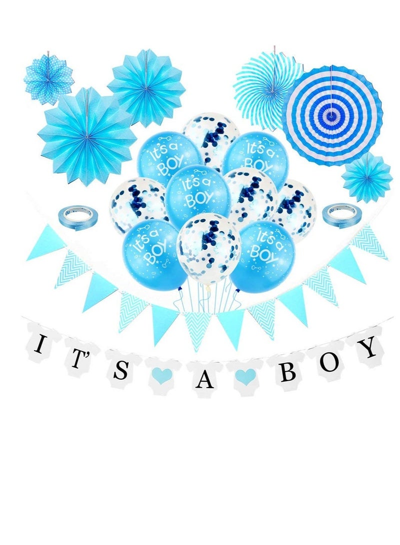 Excefore Birthday Decorations Kit, Baby Boy First Birthday Party Decoration, Blue Party Supplies with IT'S A BOY Latex Balloons and Banner, 6pcs Paper Fans 10pcs Balloons 1pcs Blue Triangular Flag Banner - Image 1