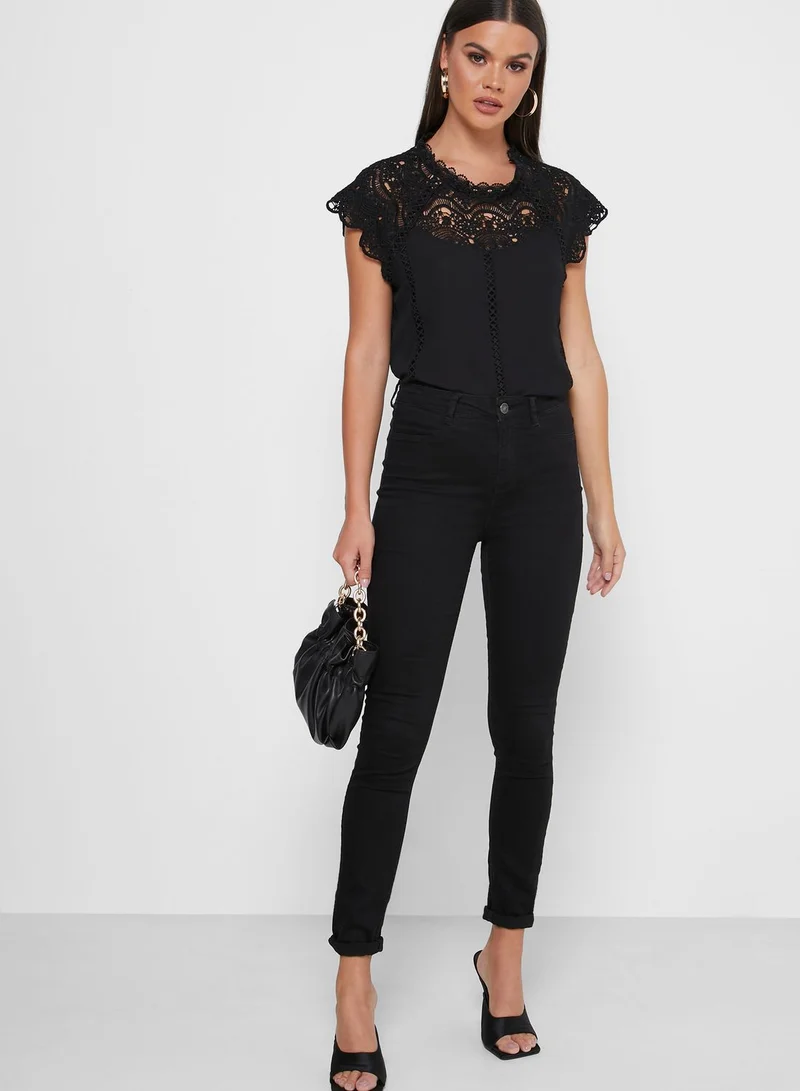 ELLA Lace Neck Embroidered Top