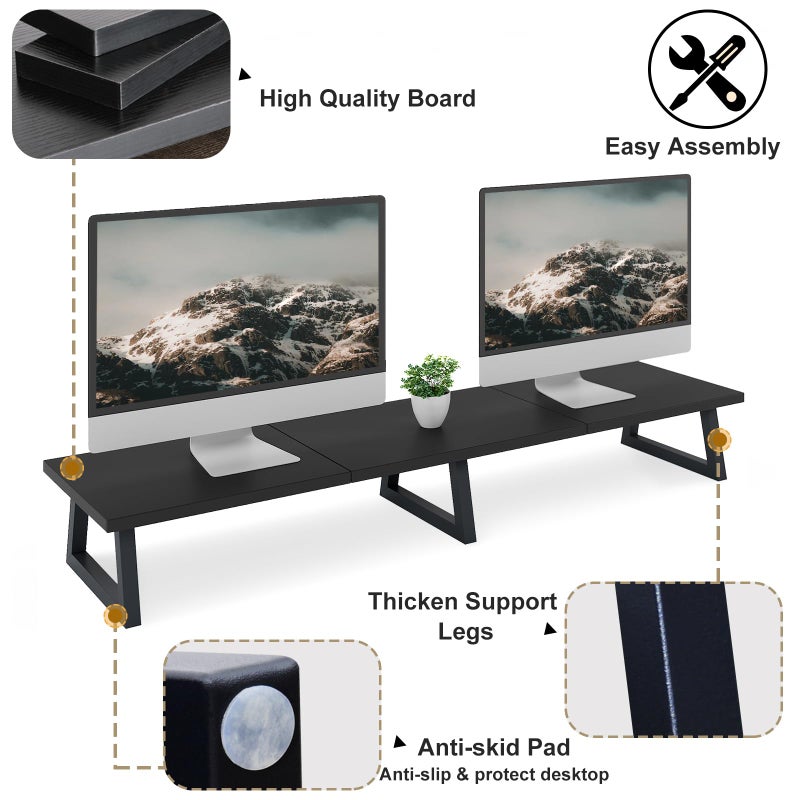 TEAMIX Black 42 inch Dual Monitor Riser,Wood and Steel Long Monitor Stand for 2 Monitors with Storage Large TV Riser Computer Laptop Stand for Desk Office Organization - Image 4