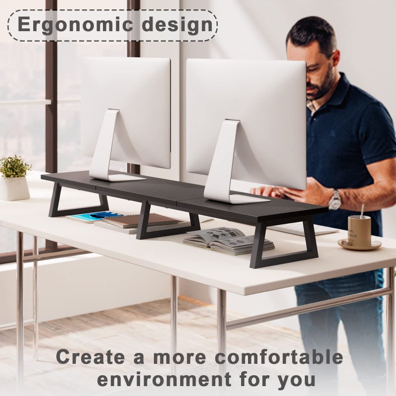 TEAMIX Black 42 inch Dual Monitor Riser,Wood and Steel Long Monitor Stand for 2 Monitors with Storage Large TV Riser Computer Laptop Stand for Desk Office Organization - Image 2