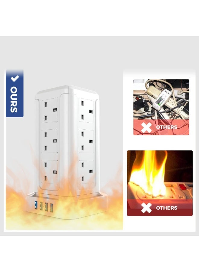 BEPiTECH 3-Meter Power Extension Cord Tower,12 Power Sockets 2500W suitable for big plugs with 4 Smart USB Slots Charging Station, Surge Protector Heavy Duty Power Strip for Office & Home Desktop - Image 3