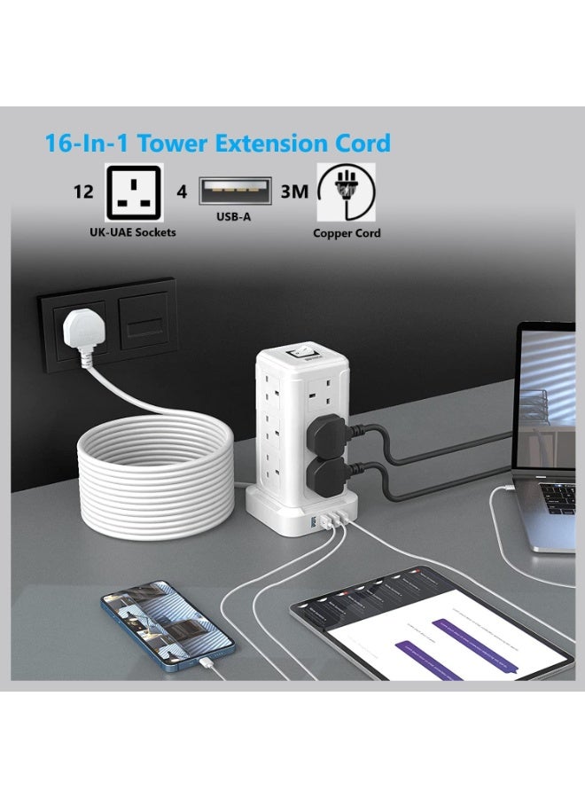BEPiTECH 3-Meter Power Extension Cord Tower,12 Power Sockets 2500W suitable for big plugs with 4 Smart USB Slots Charging Station, Surge Protector Heavy Duty Power Strip for Office & Home Desktop - Image 5